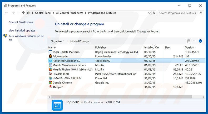 Disinstallare Advanced Calendar attraverso il pannello di controllo.