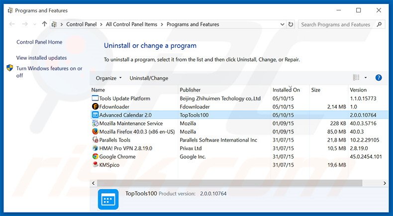 Disinstallare Advanced Calendar attraverso il pannello di controllo.