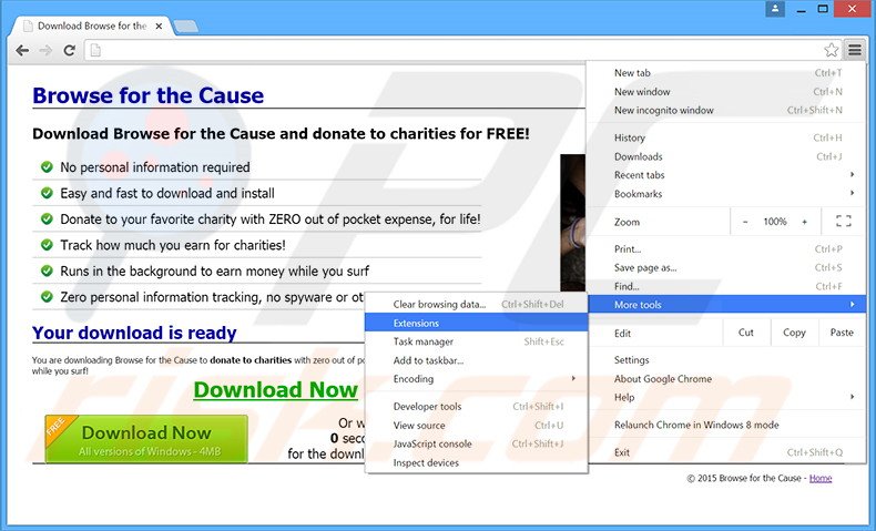 Rimuovere Browse for the Cause adware da Google Chrome step 1