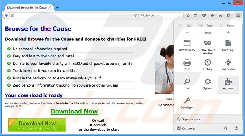 Rimuovere Browse for the Cause adware da Mozilla Firefox step 1