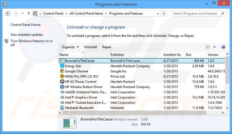 Disinstallare Browse for the Cause attraverso il pannello di controllo.