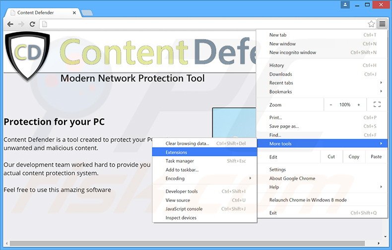 Rimuovere Content Defender adware da Google Chrome step 1