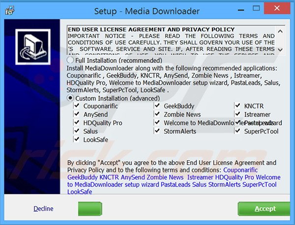 Deceptive installer distributing Istreamer adware