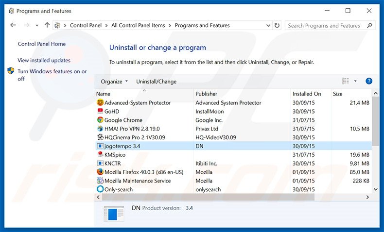 Disinstallare Jogotempo attraverso il pannello di controllo.