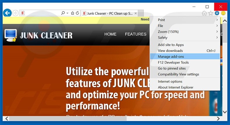 Rimuovere Junk Cleaner da Internet Explorer step 1