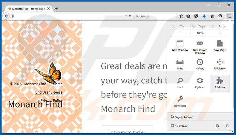 Rimuovere Monarch Find adware da Mozilla Firefox step 1