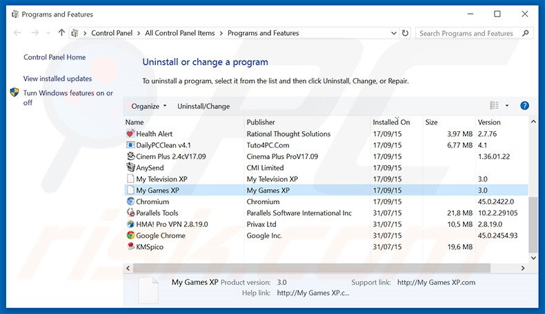Disinstallare My Games XP attraverso il pannello di controllo.