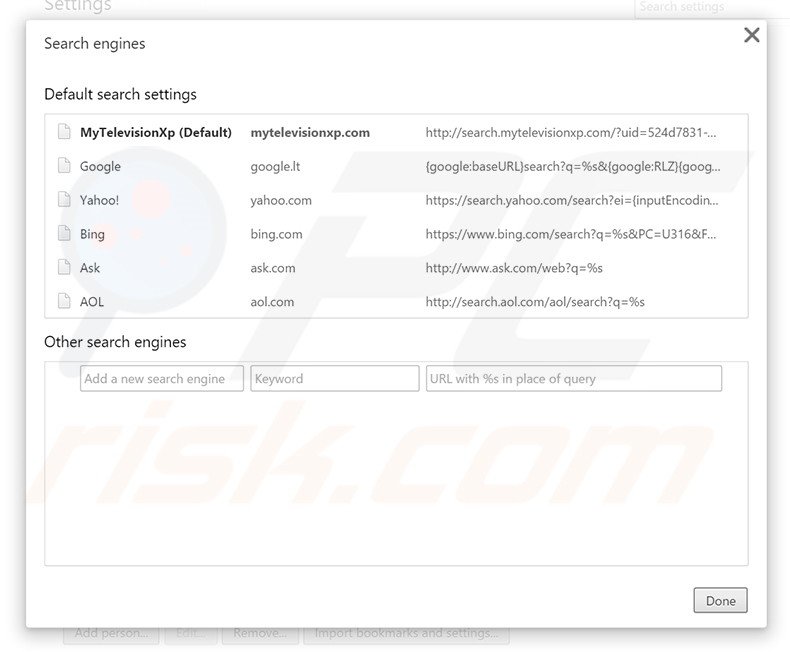 Cambiare il motore di ricerca predefinito search.mytelevisionxp.com da Google Chrome 
