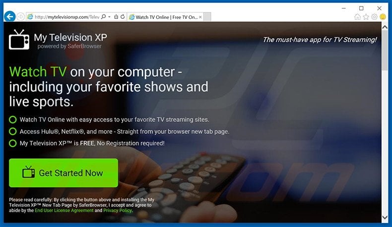 Website used to promote My Television XP browser hijacker
