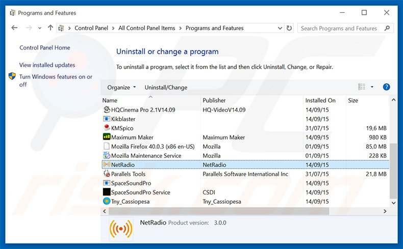 Disinstallare NetRadio attraverso il pannello di controllo.