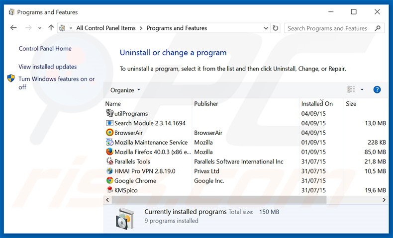 Disinstallare NewTabTV attraverso il pannello di controllo.