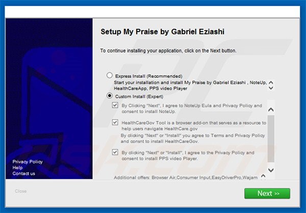 Delusive software installer distributing Note-up adware