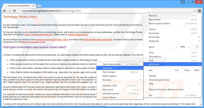 Rimuovere Nuvision Global Data Remarketer adware da Google Chrome step 1