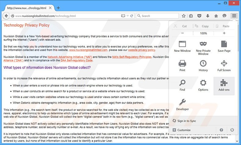 Rimuovere Nuvision Global Data Remarketer adware da Mozilla Firefox step 1