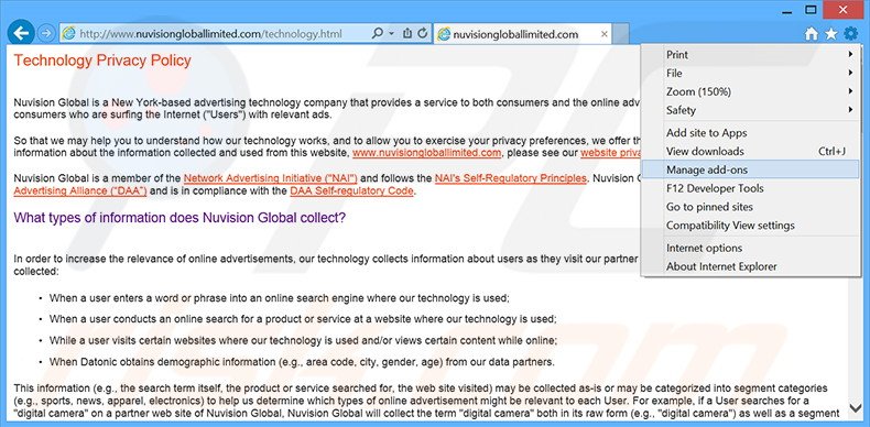 Rimuovere Nuvision Global Data Remarketer adware da Internet Explorer step 1