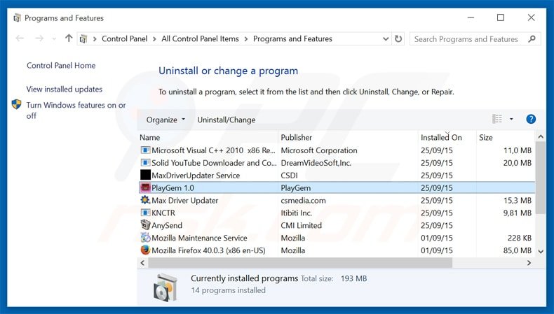 Disinstallare PlayGEM attraverso il pannello di controllo.