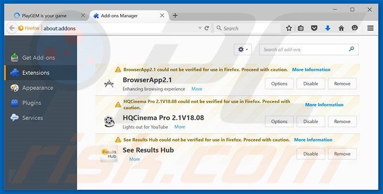 Rimuovere PlayGEM adware da  Mozilla Firefox step 2