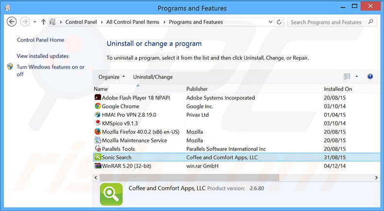 Disinstallare Sonic Search attraverso il pannello di controllo.