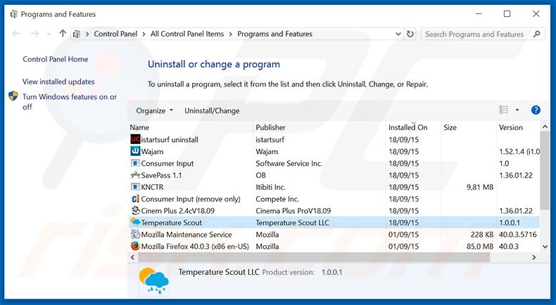 Disinstallare Temperature Scout attraverso il pannello di controllo.