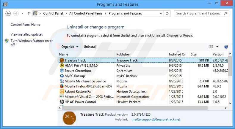 Disinstallare Treasure Track attraverso il pannello di controllo.