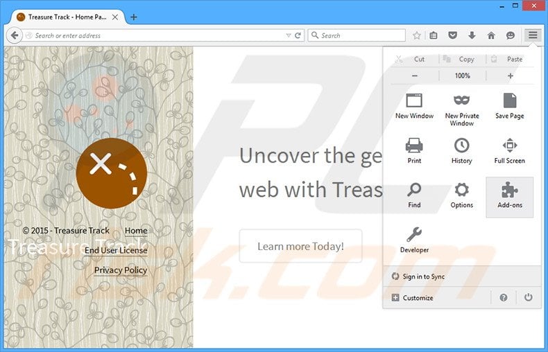 Removing Treasure Track ads froRimuovere Treasure Track adware dam Mozilla Firefox step 1