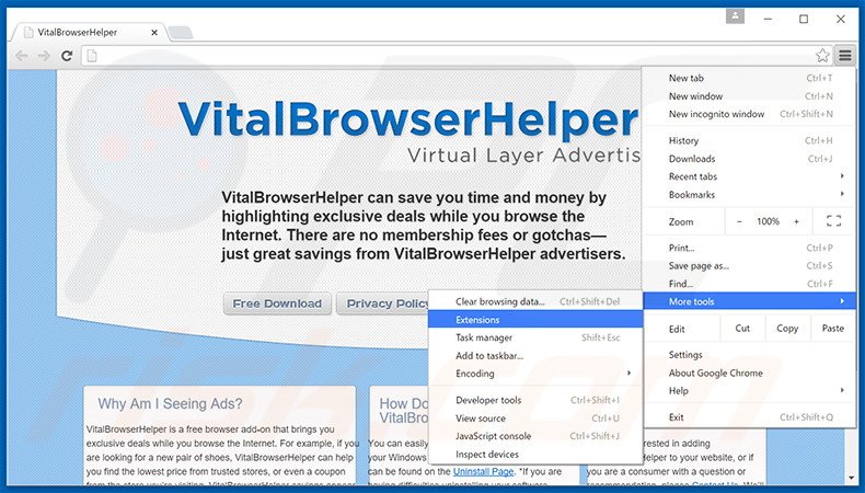 Rimuovere Vital Browser Helper adware da Google Chrome step 1
