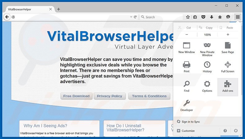Rimuovere Vital Browser Helper adware da Mozilla Firefox step 1
