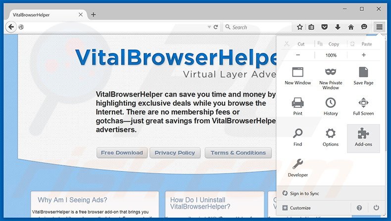 Rimuovere Vital Browser Helper adware da Mozilla Firefox step 1