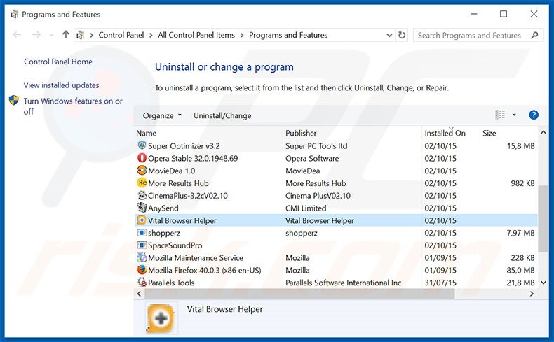 Disinstallare Vital Browser Helper attraverso il pannello di controllo.