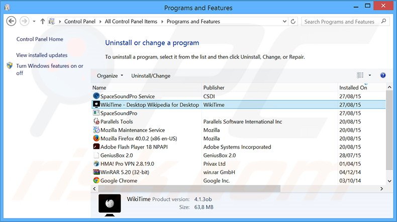 Disinstallare WikiTime attraverso il pannello di controllo
