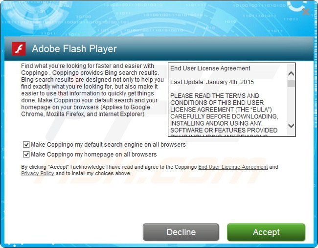 Delusive installer used to distribute coppingo.com browser hijacker