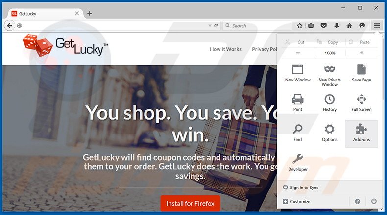 Rimuovere GetLucky adware da Mozilla Firefox step 1