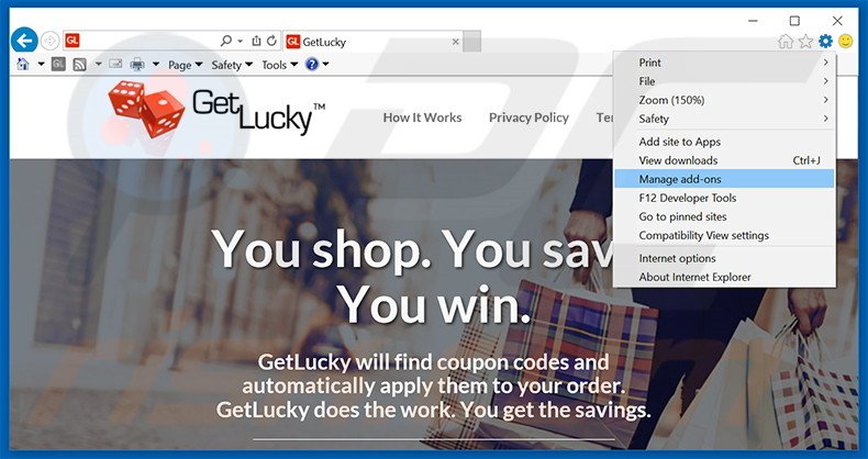 Rimuovere GetLucky adware da Internet Explorer step 1