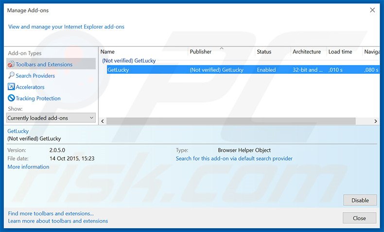 Rimuovere GetLucky adware da Internet Explorer step 2