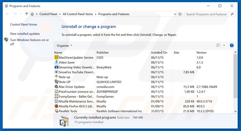 Disinstallare Lucky Bright attraverso il pannello di controllo.