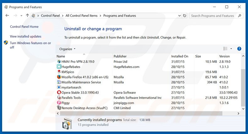 Disinstallare applicazioni potenzialment eindesiderate attraverso il pannello di controllo