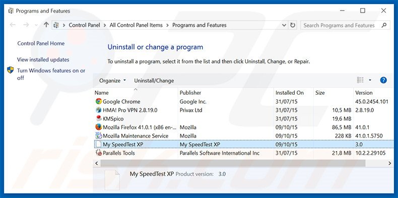 Disinstallare search.myspeedtestxp.com attraverso il pannello di controllo.