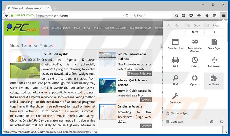 Rimuovere Olcinium Browser adware da Mozilla Firefox step 1