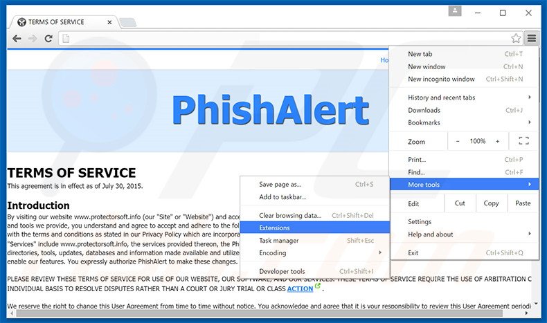 Rimuovere Phishalert adware da Google Chrome step 1