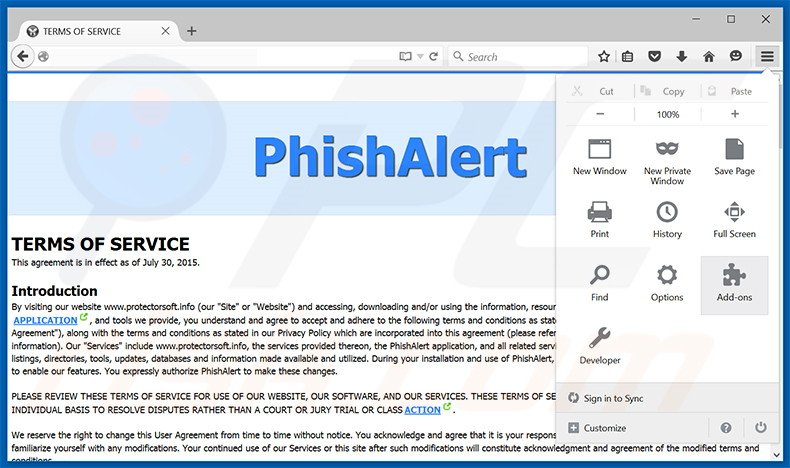 Rimuovere Phishalert adware da Mozilla Firefox step 1