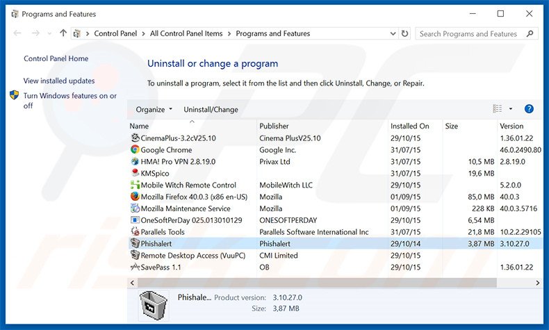 Disinstallare Phishalert attraverso il pannello di controllo.