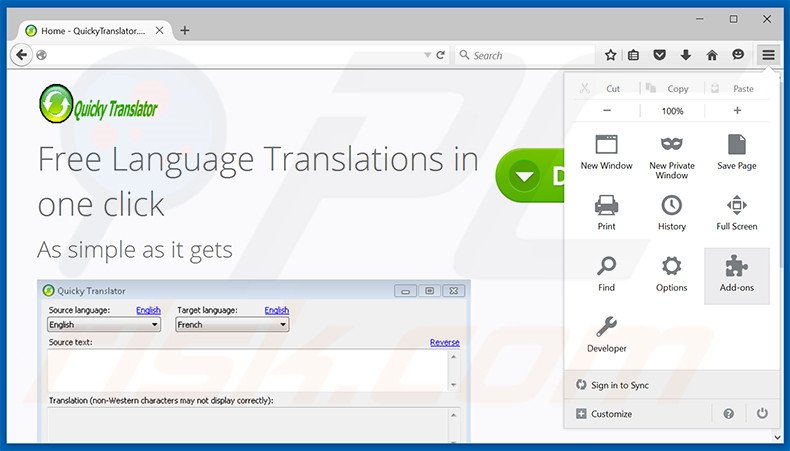 Rimuovere QuickyTranslator adware da Mozilla Firefox step 1