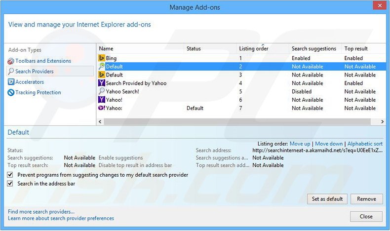 Cambia il motore di ricerca predefinito searchinterneat-a.akamaihd.net in Internet Explorer 