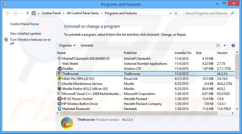 Disinstallare TheBrowser attraverso il pannello di controllo.