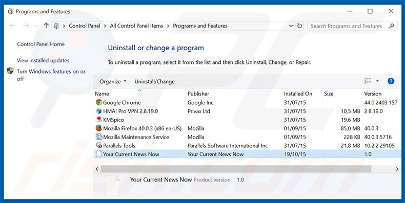 Disinstallare search.yourcurrentnewsnow.com attraverso il pannello di controllo.