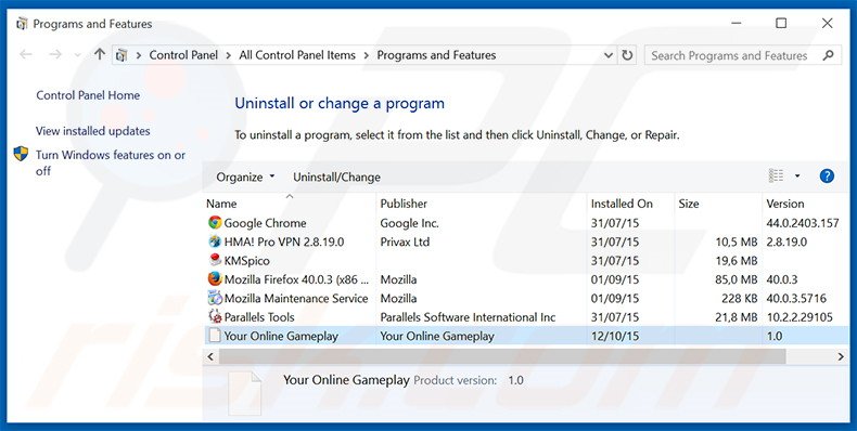 Disinstallare search.youronlinegameplay.com attraverso il pannello di controllo