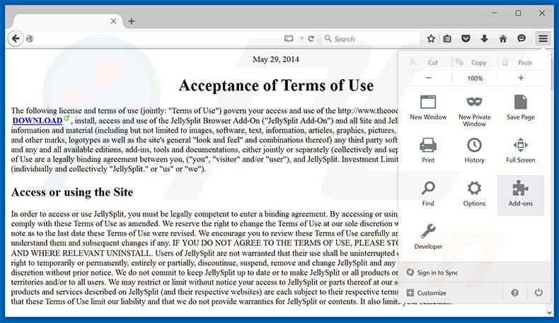 Rimuovere JellySplit adware da Mozilla Firefox step 1