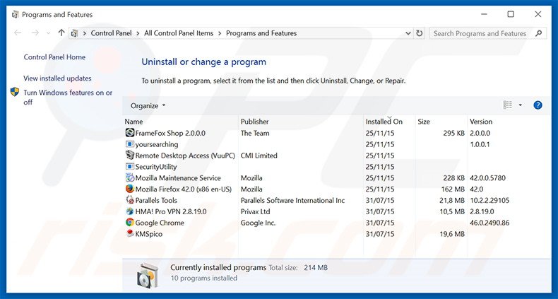 Disinstallare programmi potenzialmente indesiderati attraverso il pannello di controllo.