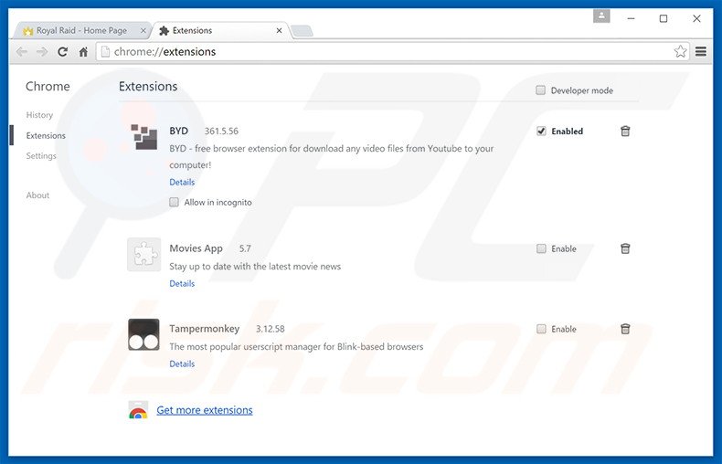 Rimuovere Royal Raid adware da Google Chrome step 2
