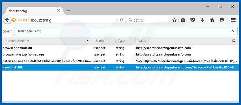 Cambia il tuo motore di ricerca predefinito search.searchgeniusinfo.com da Mozilla Firefox 